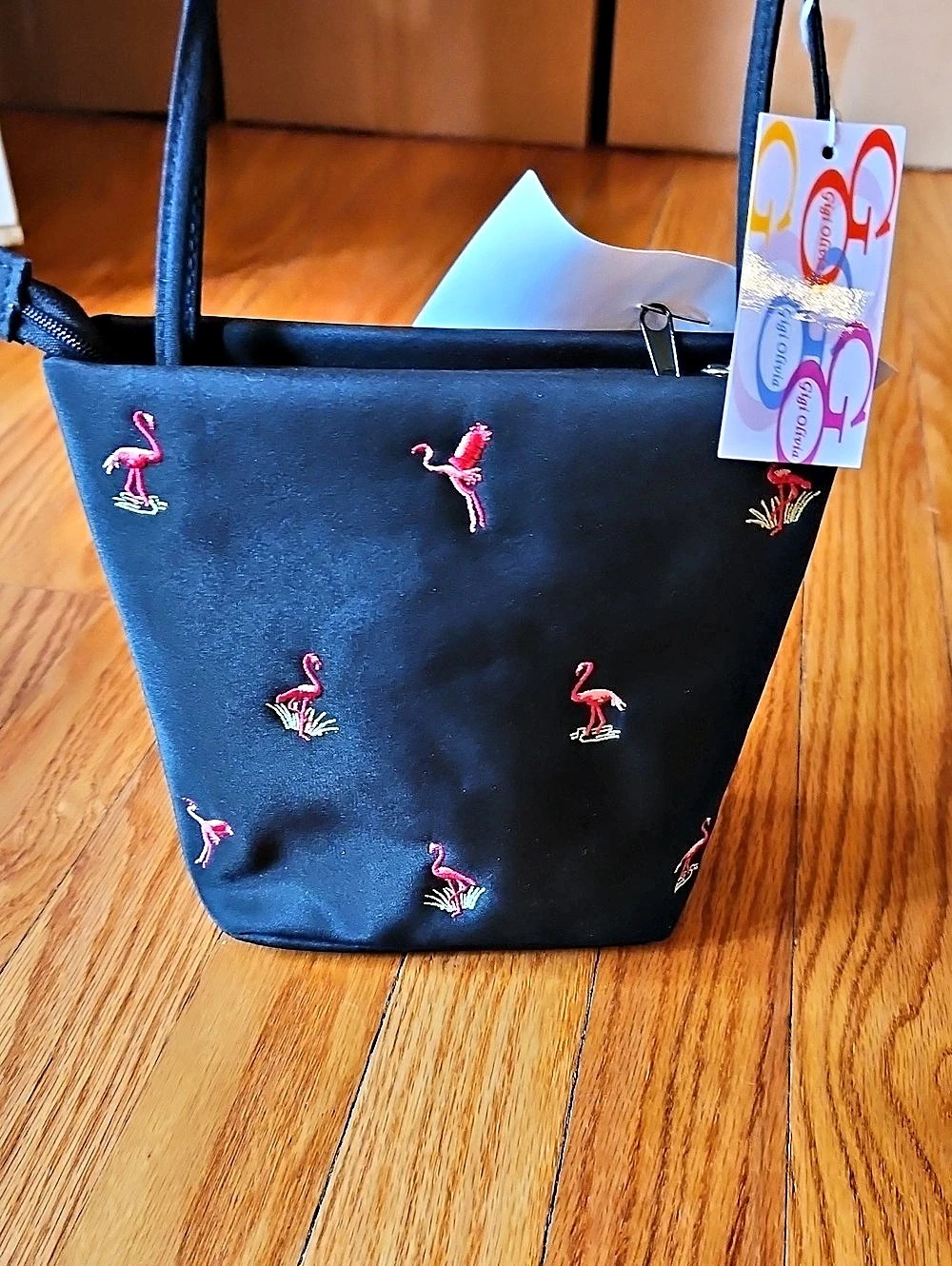 Gigi Olivia Black Flamingo Purse Embroidered Tote Black & Pink